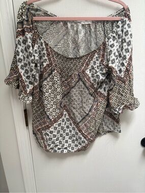 Maurices Boho Patchwork Peasant Blouse - White, Brown & Pink
